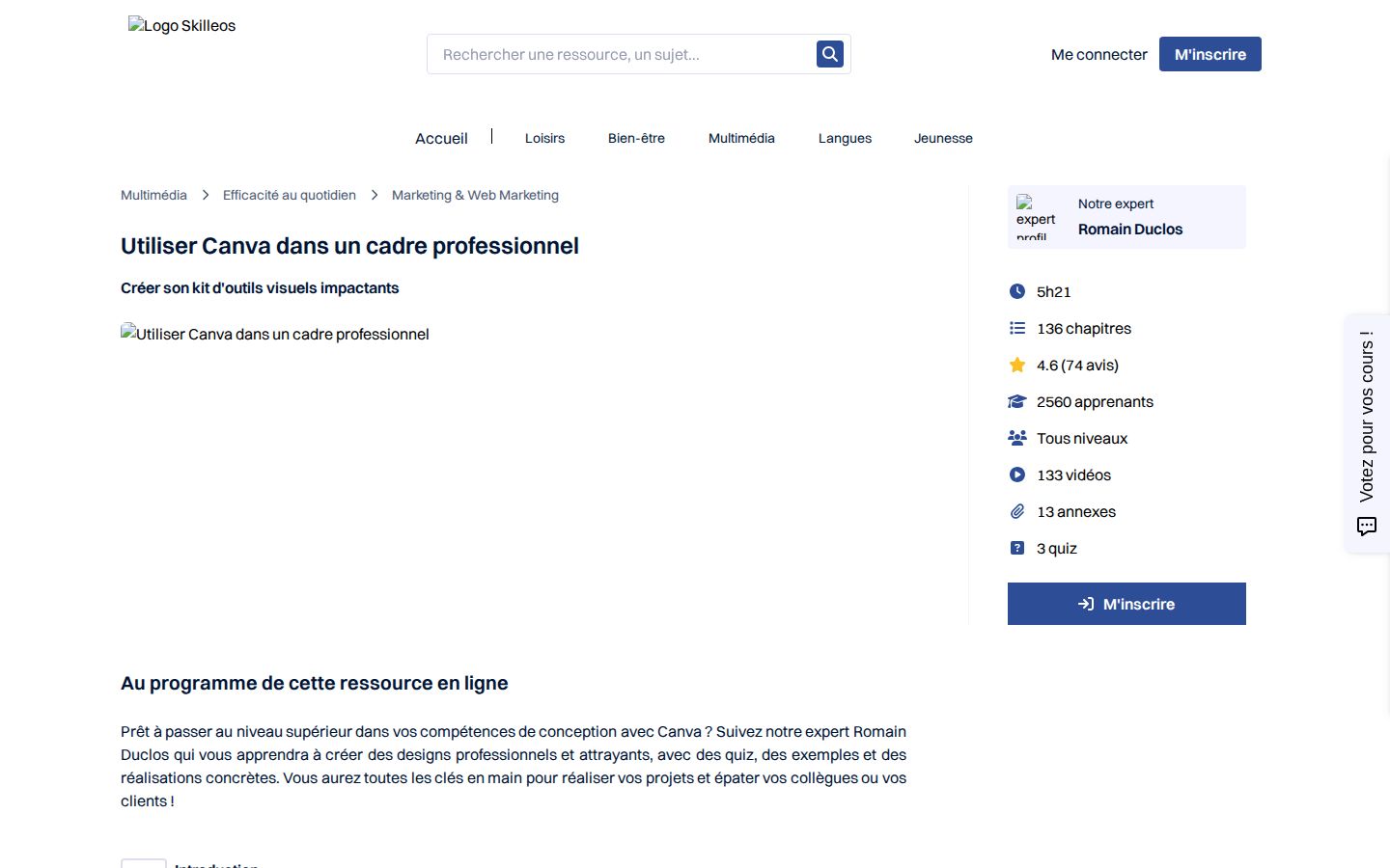 Page d'accueil de Skilleos Canva