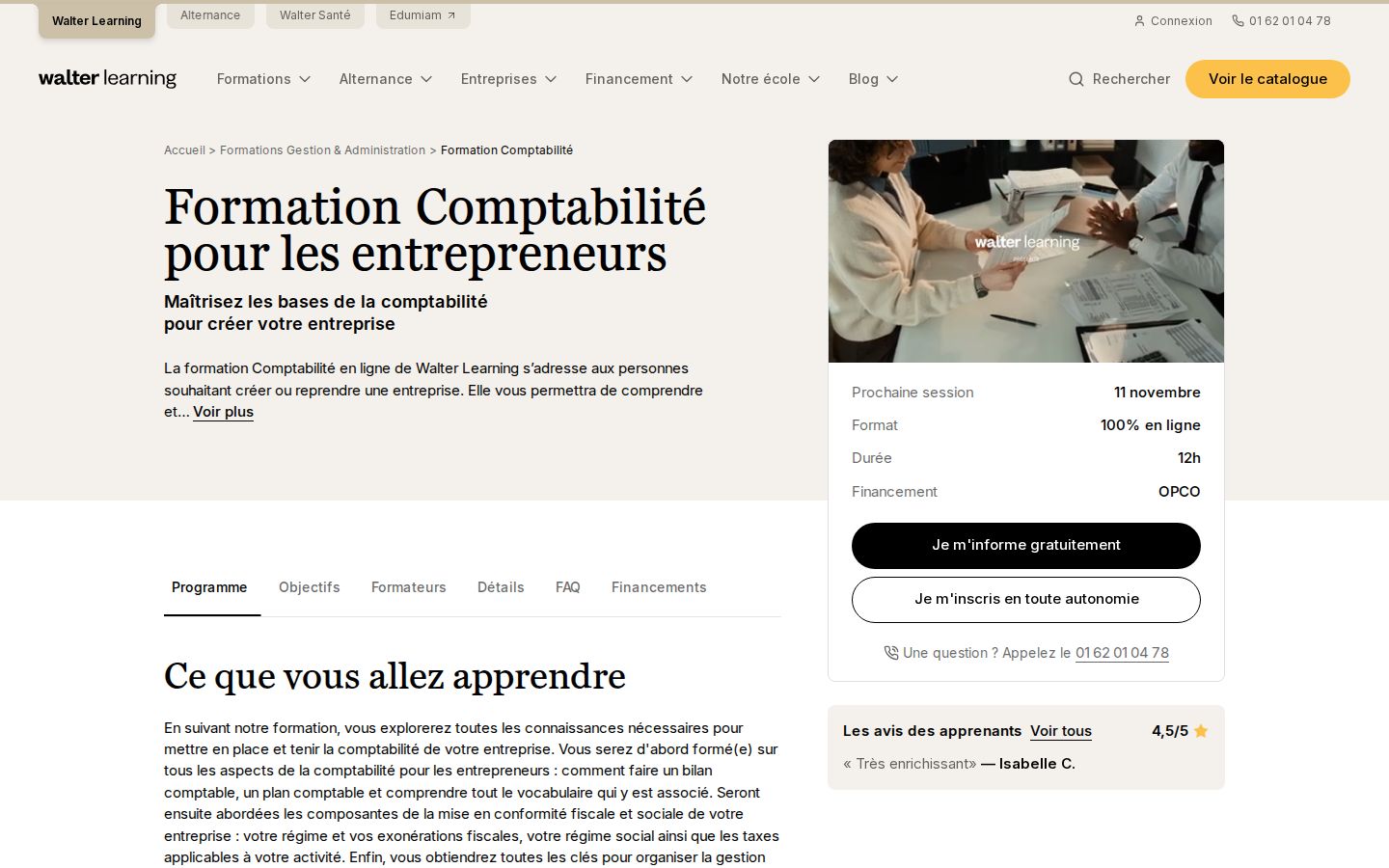 Page d'accueil de Walter Learning comptabilité & gestion financière