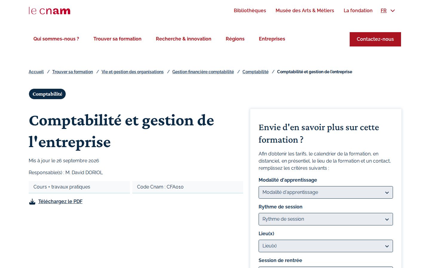 Page d'accueil de CNAM comptabilité & gestion financière